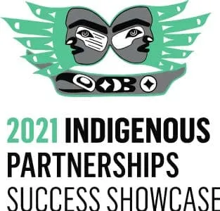Logo for the 2021 Indigenous Partnerships Success Showcase, featuring stylized indigenous art elements, including faces and feathers, symbolizing cultural collaboration and community achievement.