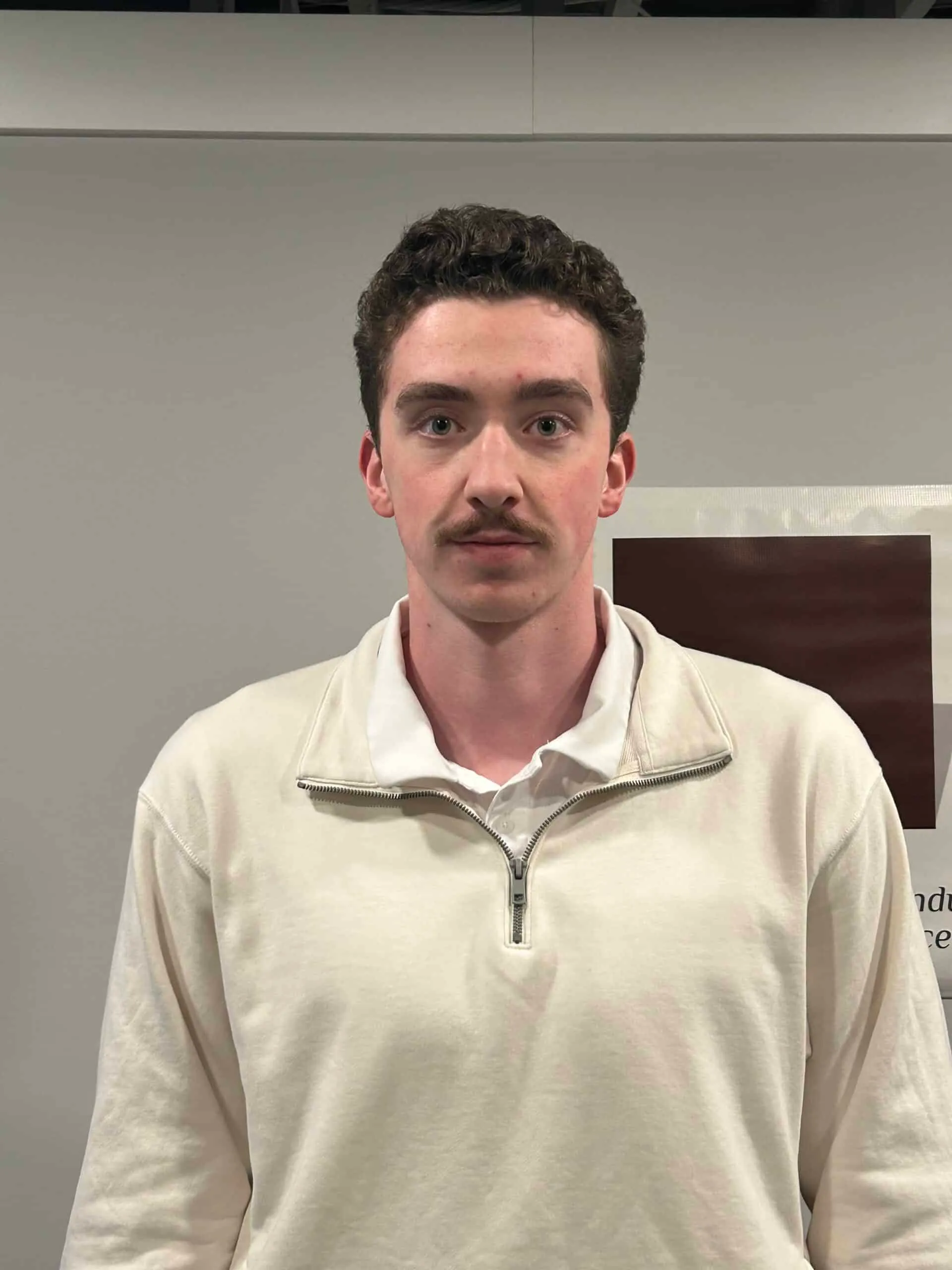 Young man with curly hair and a mustache wearing a light-colored zip-up sweatshirt over a white collared shirt, standing against a neutral gray background.